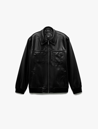 Slim Fit Gömlek Yaka Fermuarlı Cep Detaylı Suni Deri Ceket