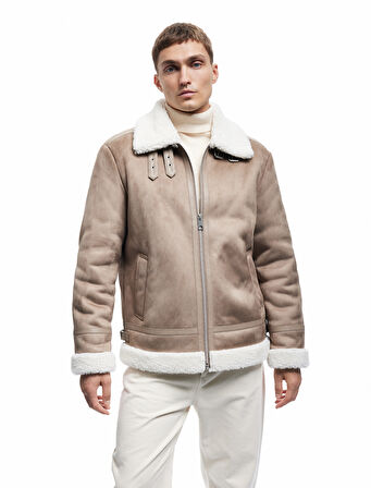 Cep Detaylı Fermuarlı Peluş Yaka Kışlık Suni Süet Ceket