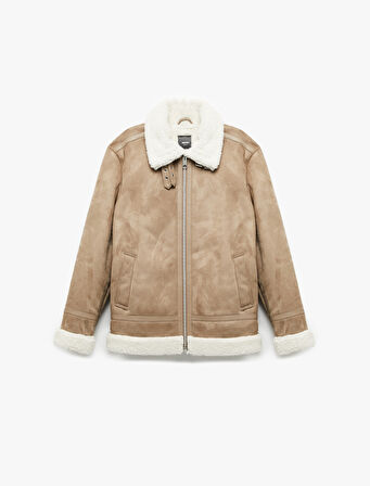 Cep Detaylı Fermuarlı Peluş Yaka Kışlık Suni Süet Ceket