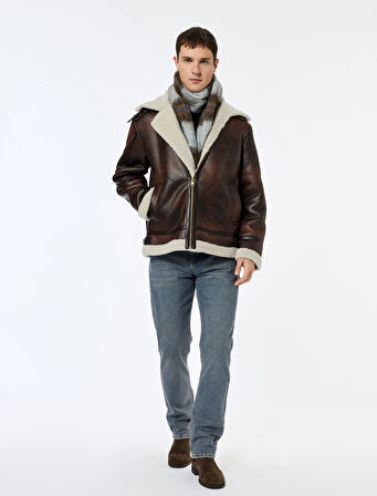 Peluş Yaka Uzun Kollu Cep Detaylı Fermuarlı Kışlık Suni Deri Ceket