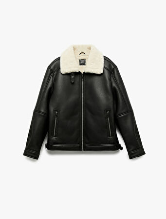 Uzun Kollu Cep Detaylı Fermuarlı Peluş Yaka Suni Deri Ceket