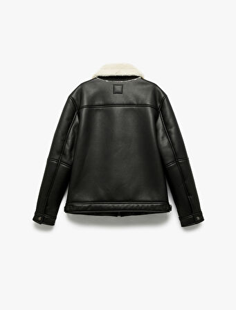 Uzun Kollu Cep Detaylı Fermuarlı Peluş Yaka Suni Deri Ceket