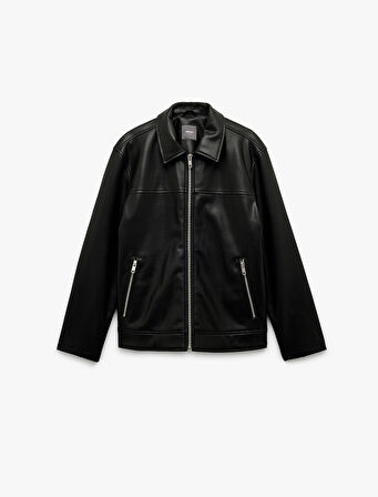 Uzun Kollu Fermuarlı Cep Detaylı Gömlek Yaka Suni Deri Ceket