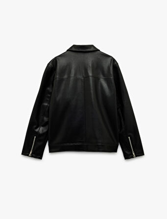 Uzun Kollu Fermuarlı Cep Detaylı Gömlek Yaka Suni Deri Ceket