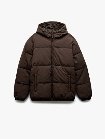 Uzun Kollu Cep Detaylı Fermuarlı Kapşonlu Şişme Mont