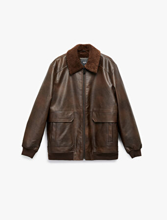 Uzun Kollu Cep Detaylı Slim Fit Fermuarlı Peluş Yaka Kışlık Suni Deri Ceket