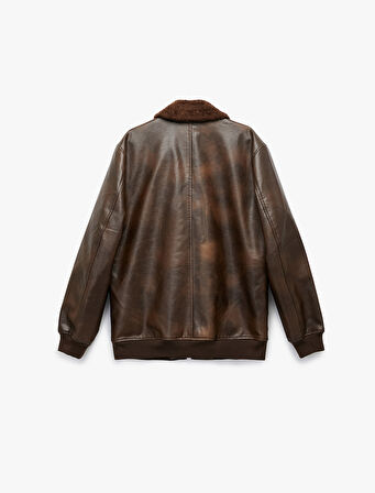 Uzun Kollu Cep Detaylı Slim Fit Fermuarlı Peluş Yaka Kışlık Suni Deri Ceket