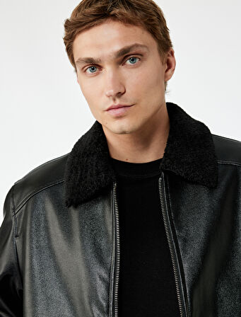 Uzun Kollu Cep Detaylı Slim Fit Fermuarlı Peluş Yaka Kışlık Suni Deri Ceket