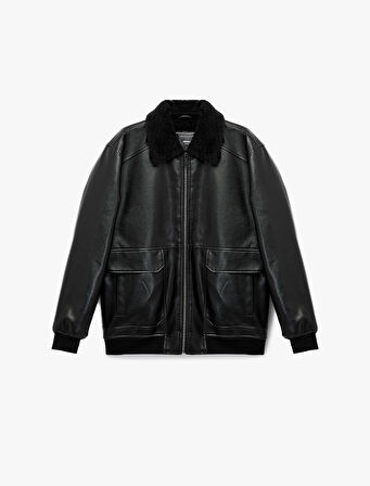 Uzun Kollu Cep Detaylı Slim Fit Fermuarlı Peluş Yaka Kışlık Suni Deri Ceket