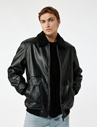 Uzun Kollu Cep Detaylı Slim Fit Fermuarlı Peluş Yaka Suni Deri Ceket