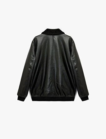 Uzun Kollu Cep Detaylı Slim Fit Fermuarlı Peluş Yaka Suni Deri Ceket