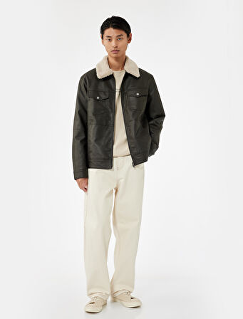 Uzun Kollu Kapaklı Cep Detaylı Slim Fit Peluş Yaka Suni Deri Ceket