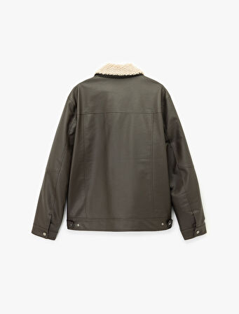 Uzun Kollu Kapaklı Cep Detaylı Slim Fit Peluş Yaka Suni Deri Ceket