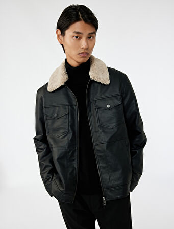 Uzun Kollu Kapaklı Cep Detaylı Slim Fit Peluş Yaka Suni Deri Ceket