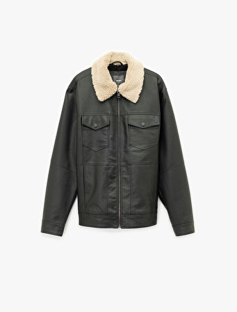 Uzun Kollu Kapaklı Cep Detaylı Slim Fit Peluş Yaka Suni Deri Ceket