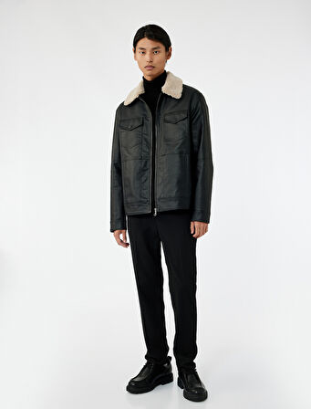 Uzun Kollu Kapaklı Cep Detaylı Slim Fit Peluş Yaka Suni Deri Ceket