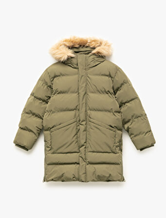 Peluş Detaylı Uzun Kollu Fermuarlı Cepli Uzun Kapşonlu Şişme Mont