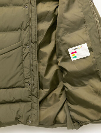 Peluş Detaylı Uzun Kollu Fermuarlı Cepli Uzun Kapşonlu Şişme Mont