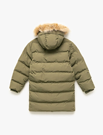 Peluş Detaylı Uzun Kollu Fermuarlı Cepli Uzun Kapşonlu Şişme Mont