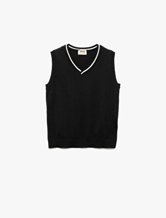 Regular Fit Şerit Detaylı Kolsuz V Yaka Triko Süveter