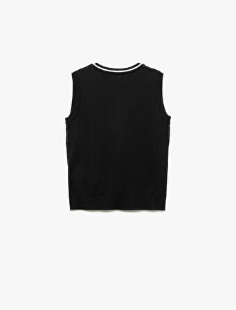 Regular Fit Şerit Detaylı Kolsuz V Yaka Triko Süveter