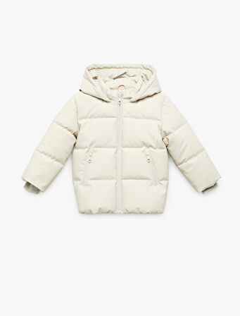 Kapşonlu Uzun Kollu Cepli Fermuarlı Şişme Mont 