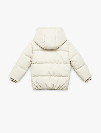 Kapşonlu Uzun Kollu Cepli Fermuarlı Şişme Mont 