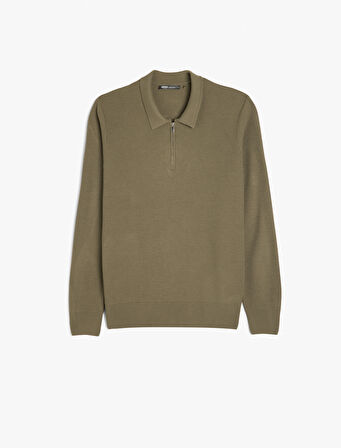 Uzun Kollu Polo Yaka Yarım Fermuarlı Triko Kazak