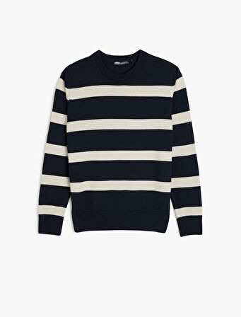 Uzun Kollu Pamuk Karışımlı Bisiklet Yaka Çizgili Triko Kazak