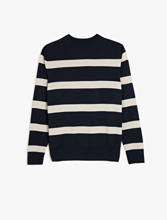 Uzun Kollu Pamuk Karışımlı Bisiklet Yaka Çizgili Triko Kazak