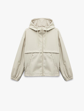 Fermuarlı Kapüşonlu Uzun Kollu Suni Deri Yağmurluk