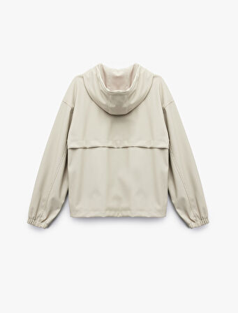 Fermuarlı Kapüşonlu Uzun Kollu Suni Deri Yağmurluk