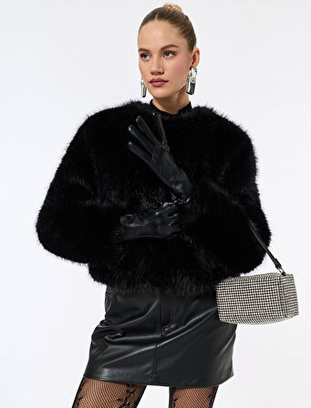 Suni Kürk Mont Crop Uzun Kollu Bisiklet Yaka