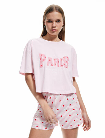 Pamuklu Bisiklet Yaka Kısa Kollu Kalpli Şort Pijama Takımı