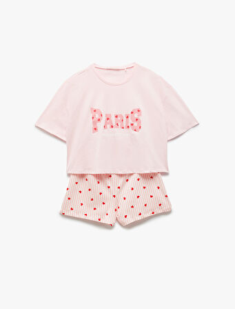 Pamuklu Bisiklet Yaka Kısa Kollu Kalpli Şort Pijama Takımı