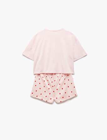 Pamuklu Bisiklet Yaka Kısa Kollu Kalpli Şort Pijama Takımı