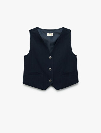 V Yaka Kolsuz Viskon Karışımlı Düğmeli Basic Yelek