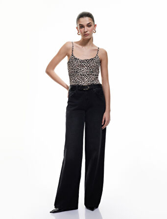 Leopar Desenli İnce Askılı Bodysuit