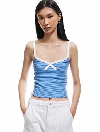 Slim Fit Fiyonk Detaylı Çizgili İnce Askılı Tişört