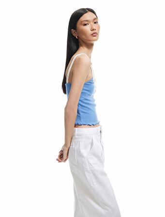 Slim Fit Fiyonk Detaylı Çizgili İnce Askılı Tişört