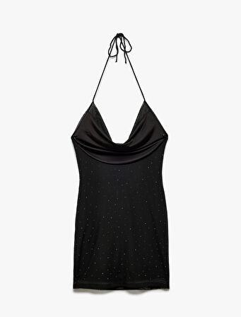 Astarlı Boyundan Bağlamalı Slim Fit Degaje Yaka Mini Tül Taşlı Elbise