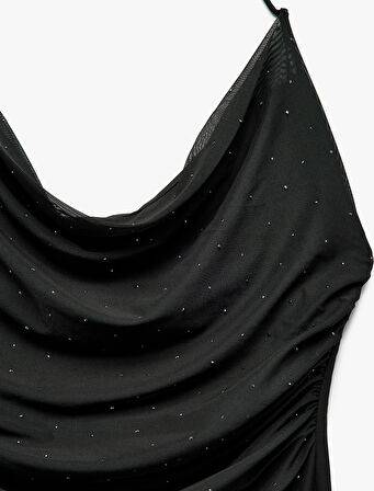 Astarlı Boyundan Bağlamalı Slim Fit Degaje Yaka Mini Tül Taşlı Elbise