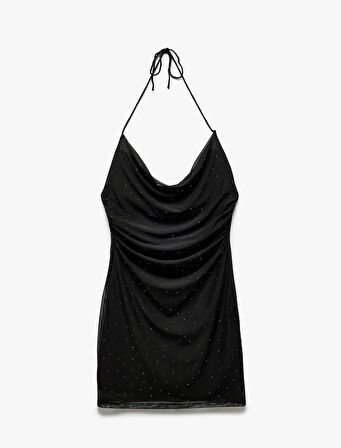 Astarlı Boyundan Bağlamalı Slim Fit Degaje Yaka Mini Tül Taşlı Elbise