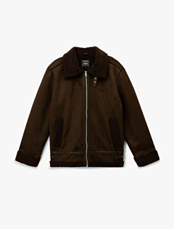 Uzun Kollu Cepli Fermuarlı Peluş Yaka Suni Süet Ceket