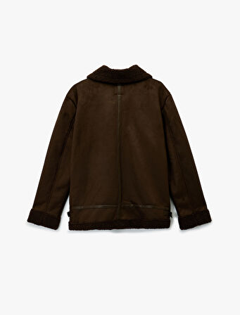 Uzun Kollu Cepli Fermuarlı Peluş Yaka Suni Süet Ceket