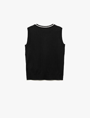 Regular Fit Şerit Detaylı Kolsuz V Yaka Triko Süveter