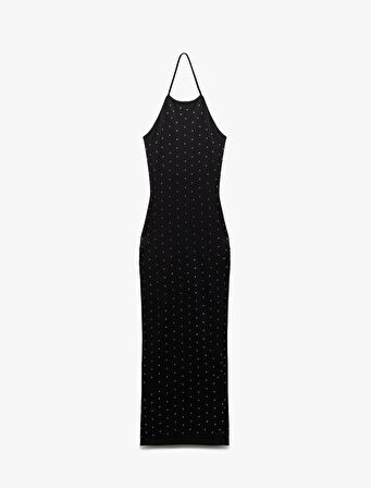 Halter Yaka Dar Kesim Taşlı Uzun Abiye Elbise