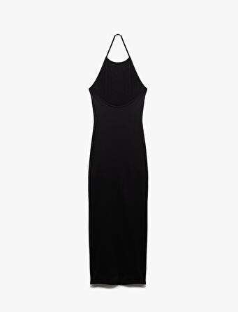 Halter Yaka Dar Kesim Taşlı Uzun Abiye Elbise