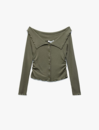 Viskon Omzu Açık Kaşkorse Düğmeli Viskon Uzun Kollu Tişört