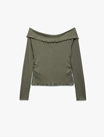 Viskon Omzu Açık Kaşkorse Düğmeli Viskon Uzun Kollu Tişört